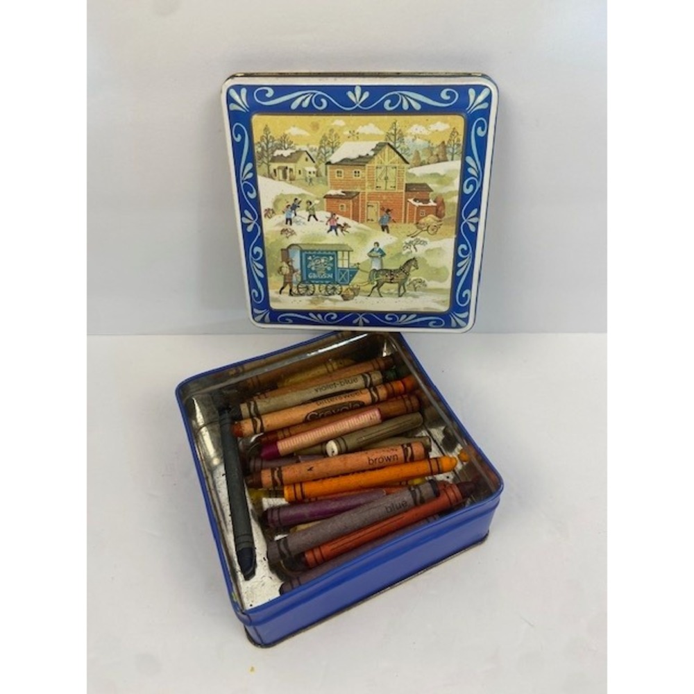 Vintage Crayola Gray Drug Crayon Collection in Daher Winter Farm Scene Metal Tin